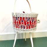 Tripod worker in rattan and vintage fabric