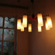 Eight-light mid-century modern teak and glass chandelier