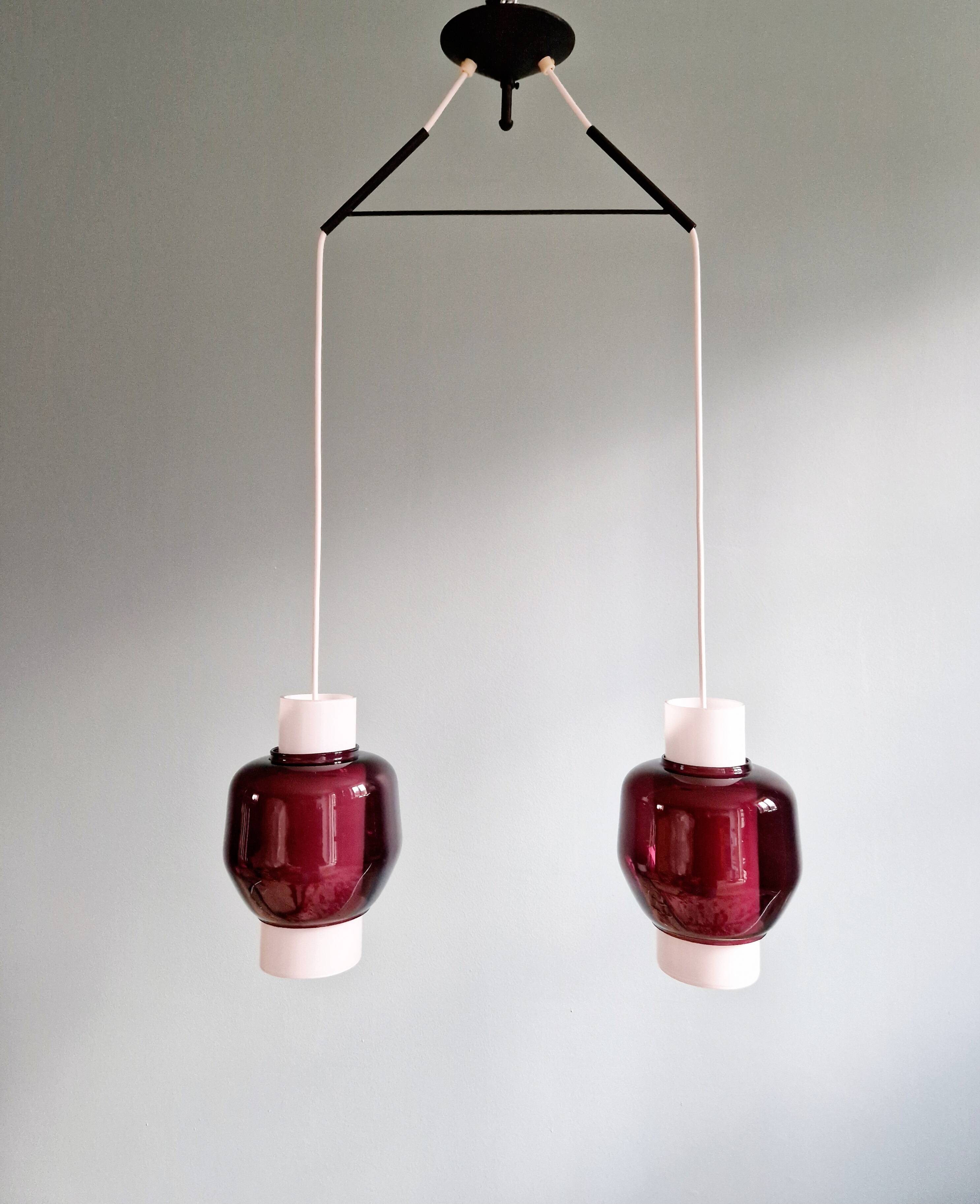 Scandinavian double pendant light in white opaline and amethyst glass, 1960s