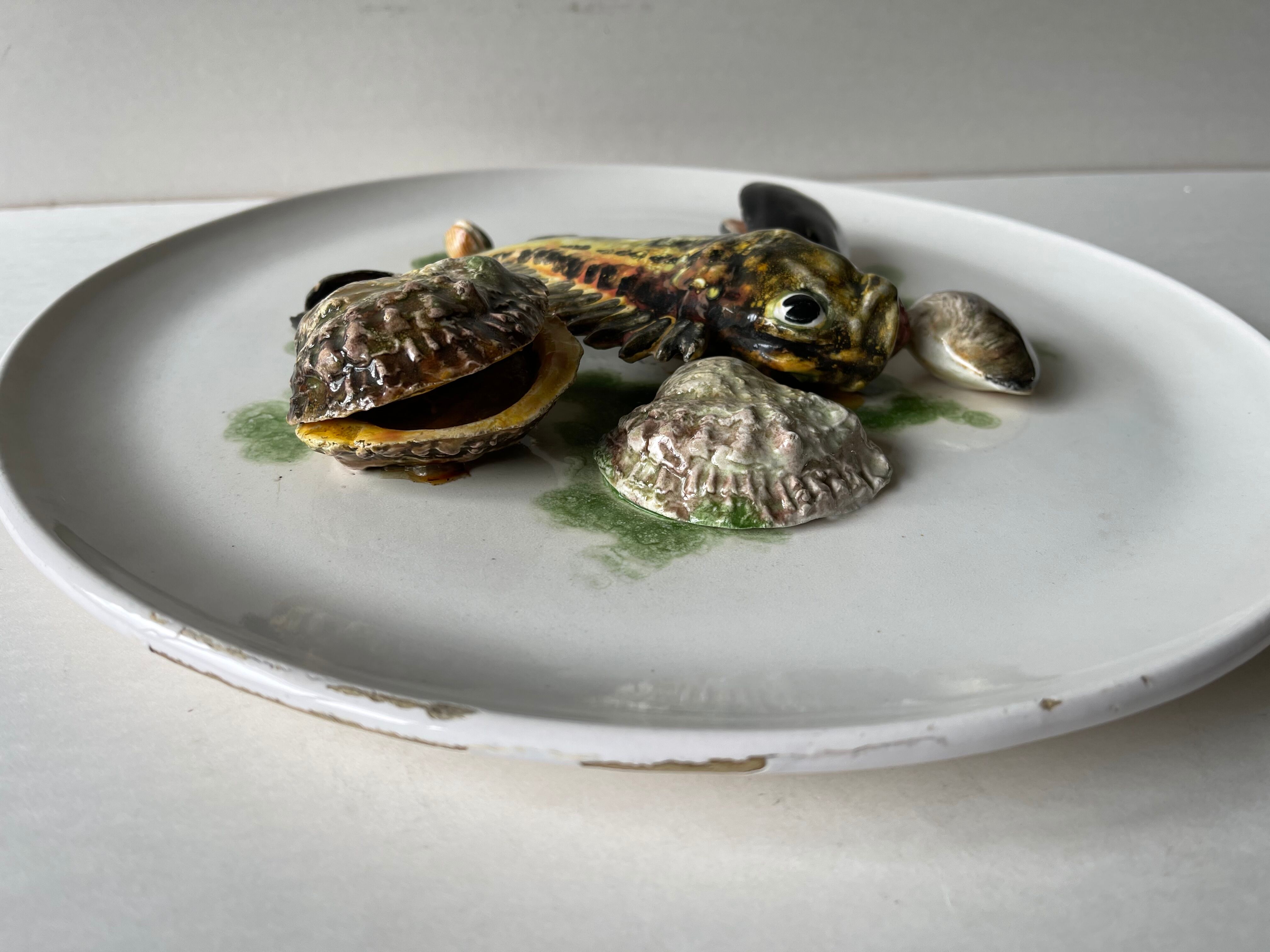 Vintage seafood barbotine dish
