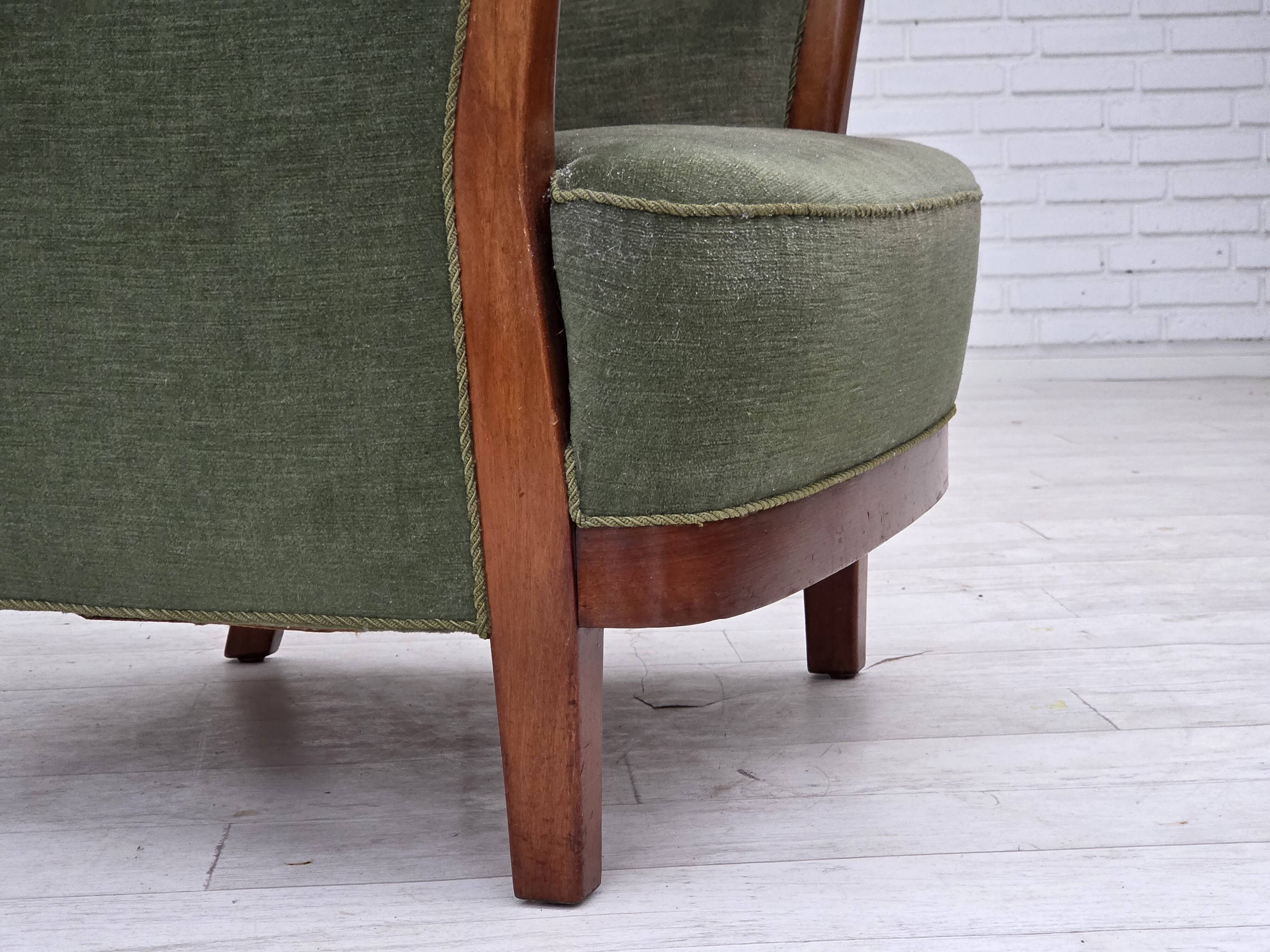 1960s, Danish highback armchair, green furniture velour, teak wood.