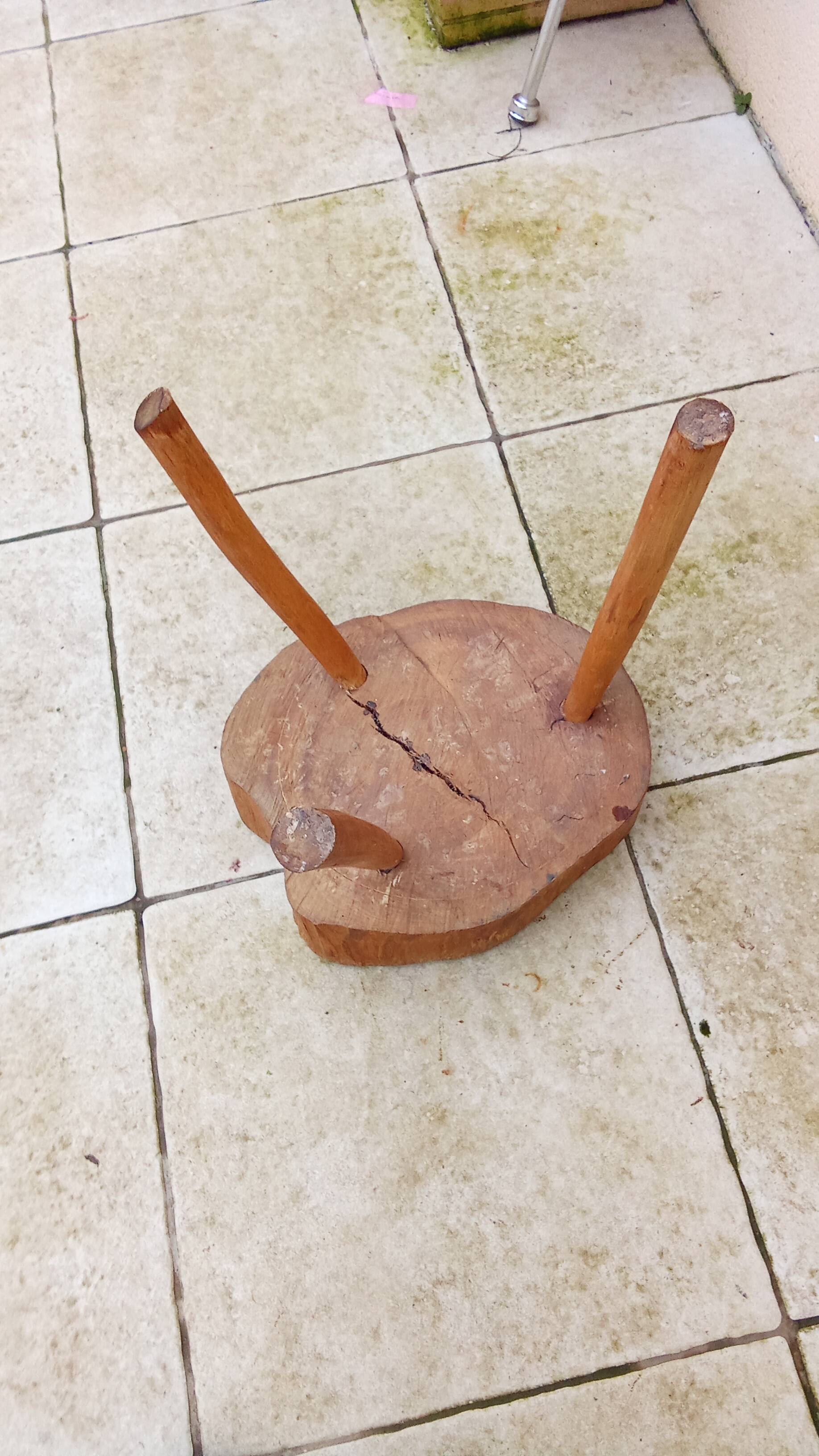 small vintage brutalist wooden tripod side table