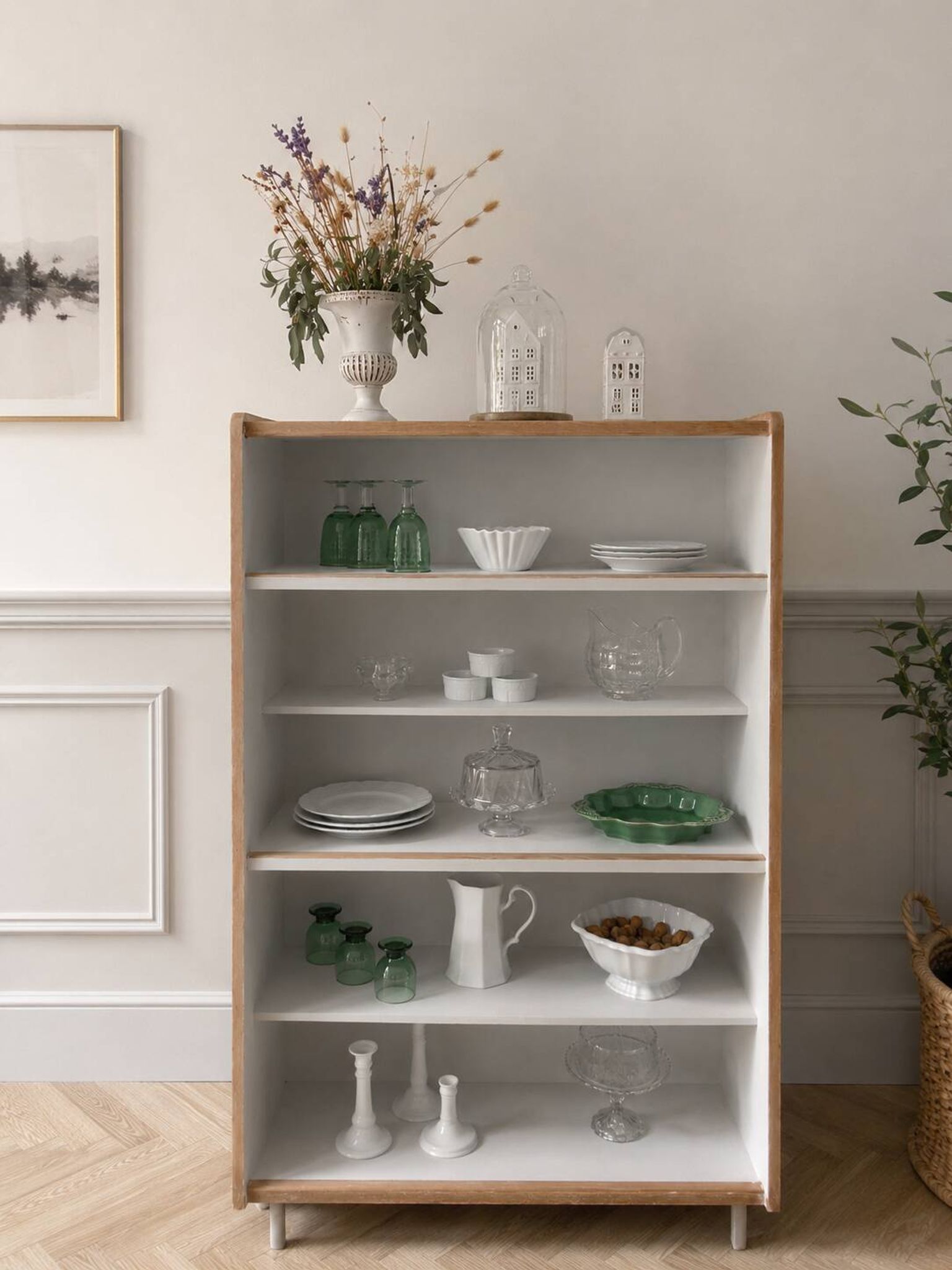 Vintage library in oak veneer, pearl grey interior, metal legs.