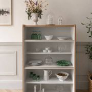Vintage library in oak veneer, pearl grey interior, metal legs.