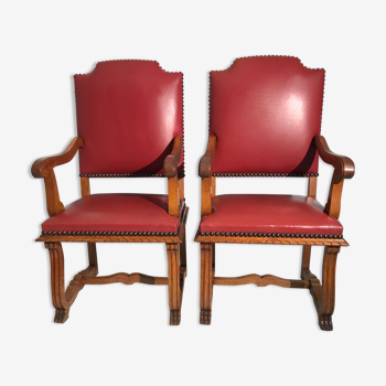 Pair of armchairs in vintage red skaï 50s