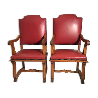 Pair of armchairs in vintage red skaï 50s