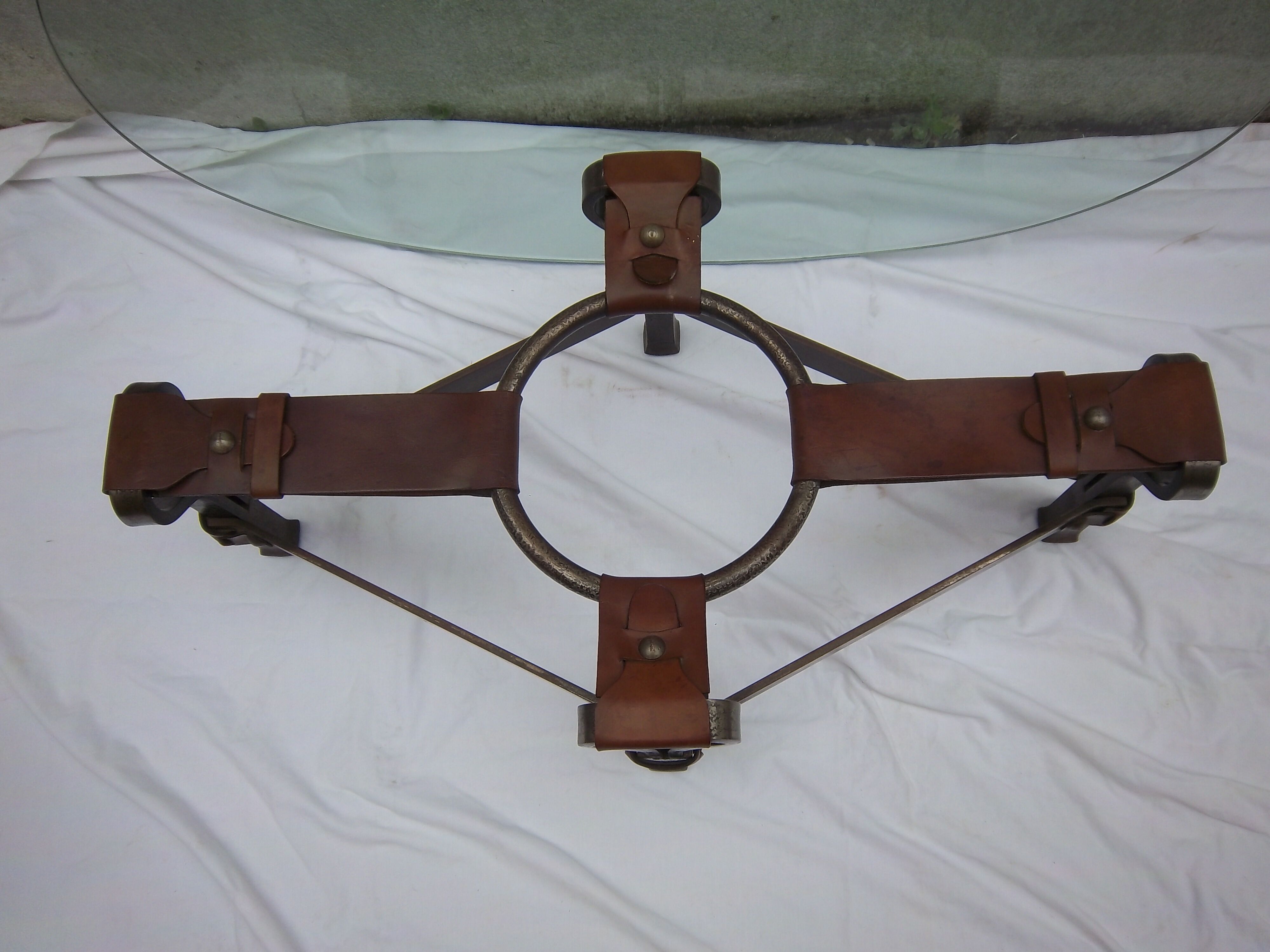 Year 1970 in wrought iron, leather and glass table