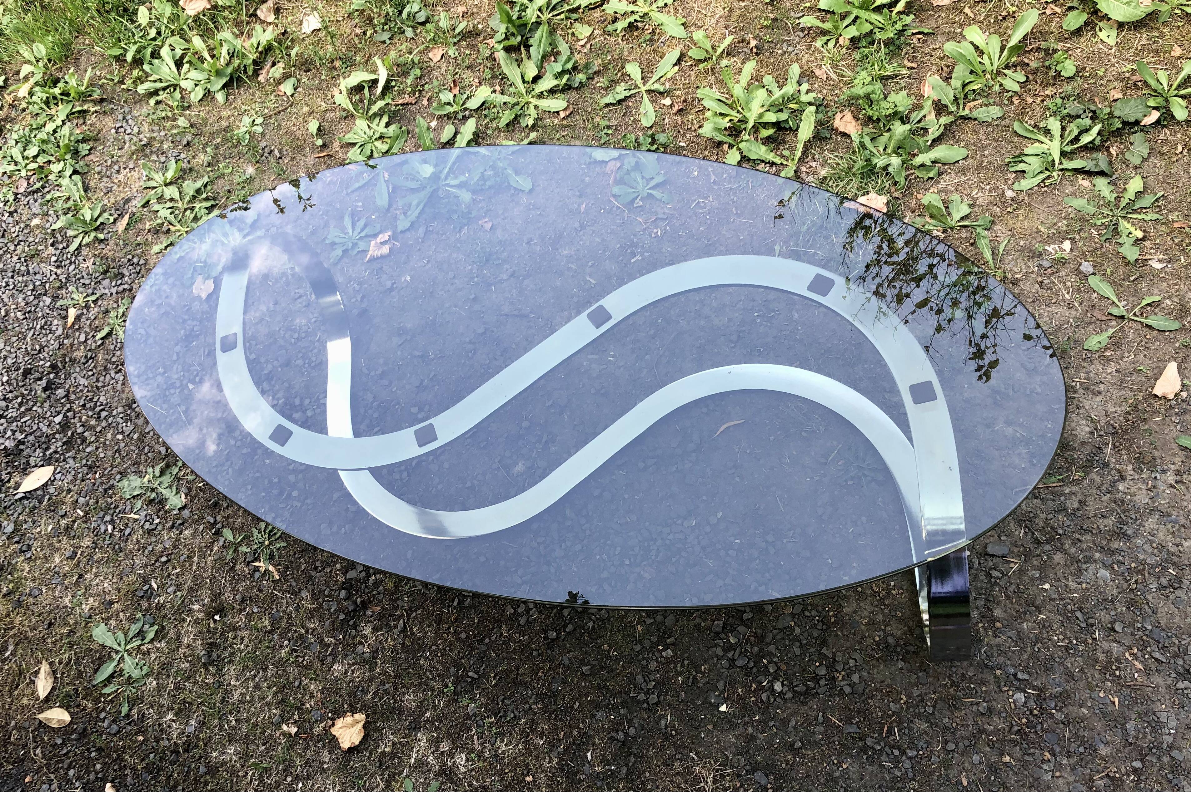 Coffee table smoked glass and chrome metal foot