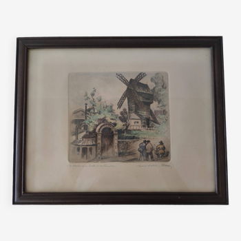 Print Engraving The galette mill in Montmartre Signed Bessan Marcel