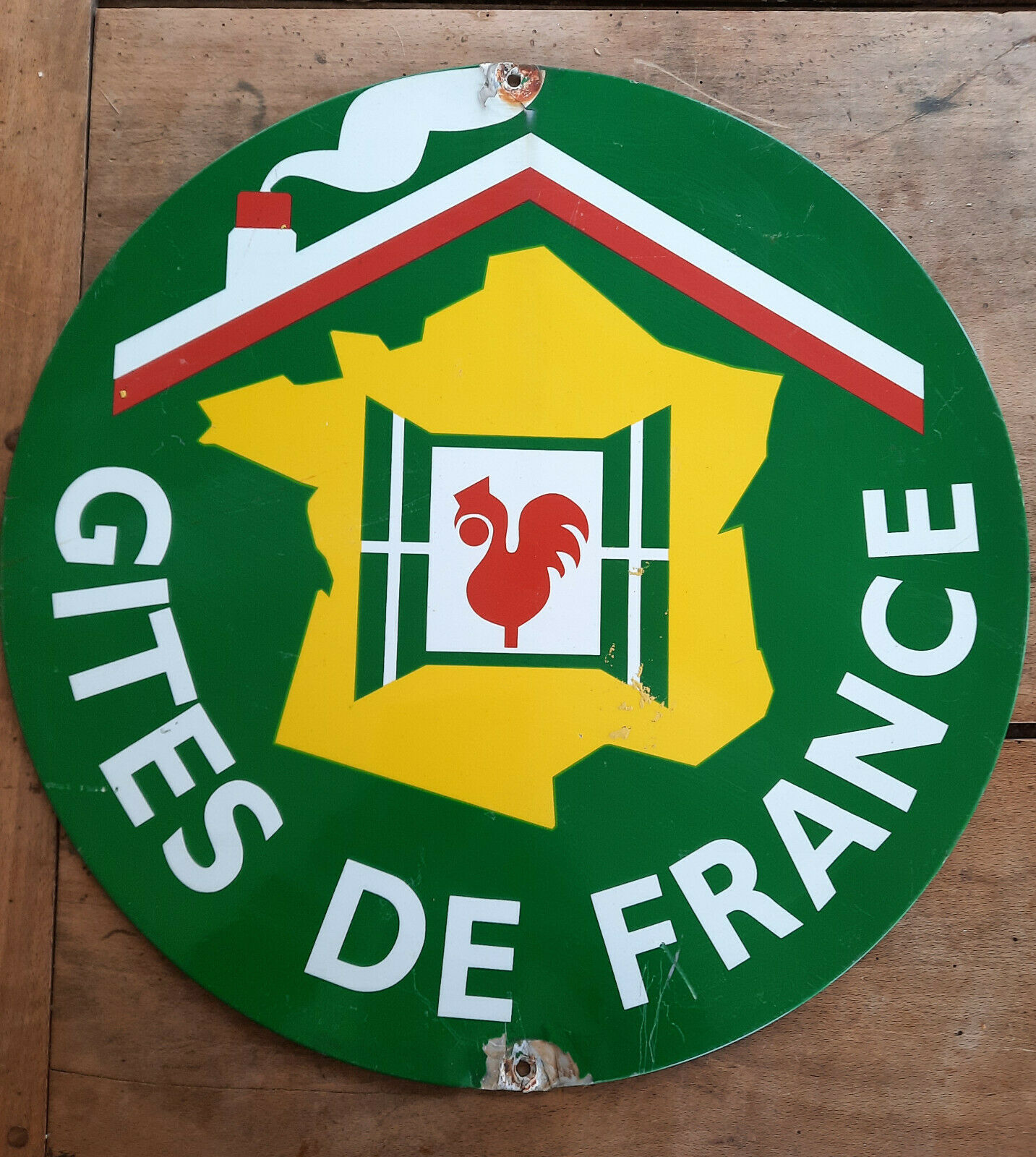 Old sheet metal plate "Gites de France" 46cm 1970