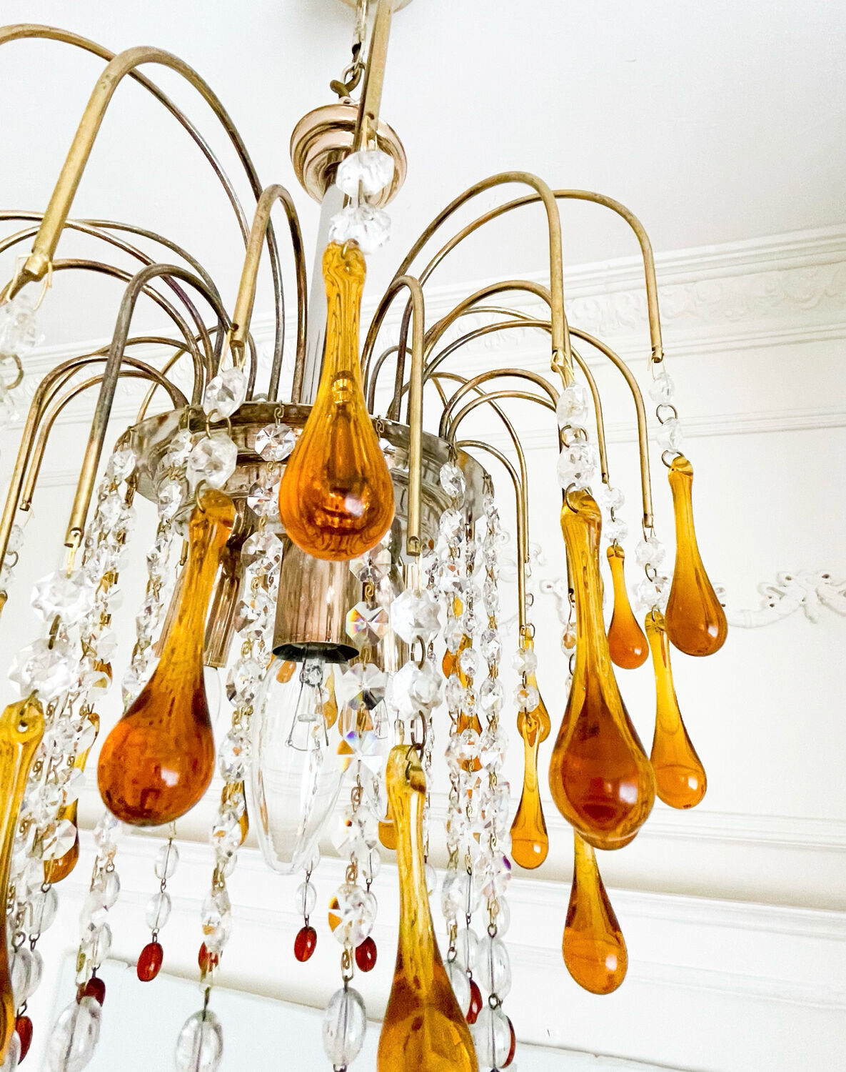 Lustre cascade Murano vintage en verre ambré et cristal, chandelier it
