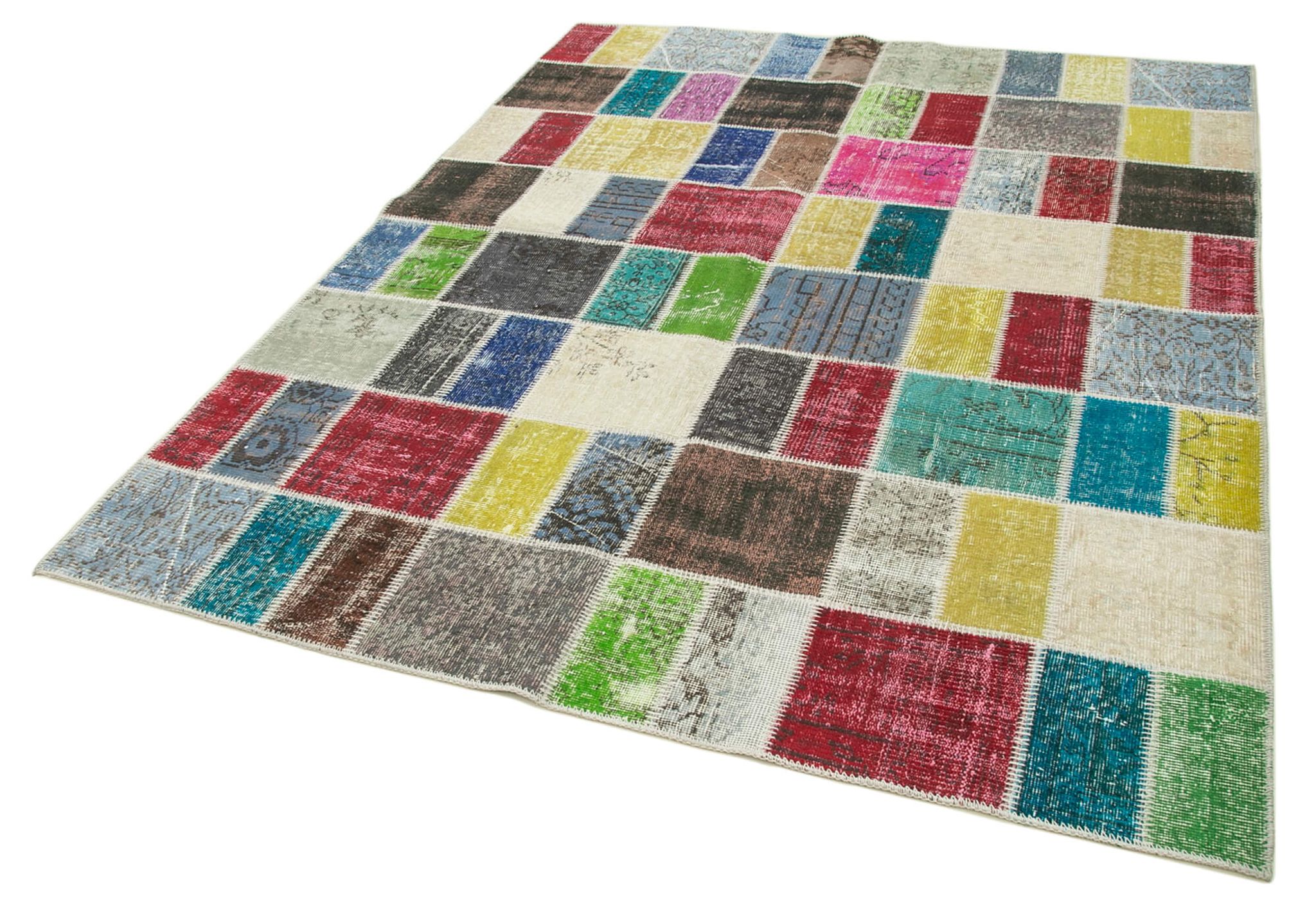 Handwoven oriental overdyed 177 cm x 229 cm multicolor patchwork carpet