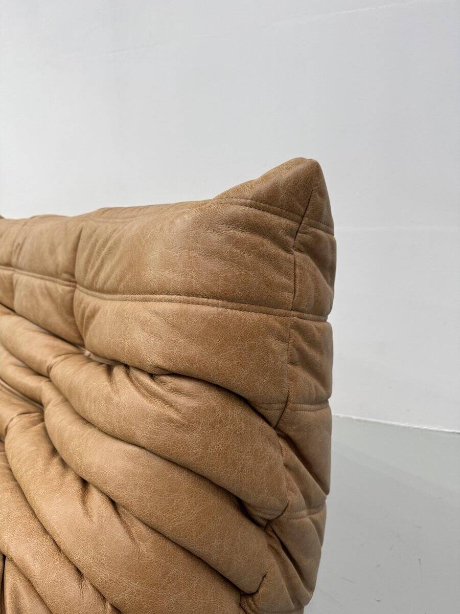 French Togo 3-seater sofa in camel leather attributed to Michel Ducaroy for Ligne Roset