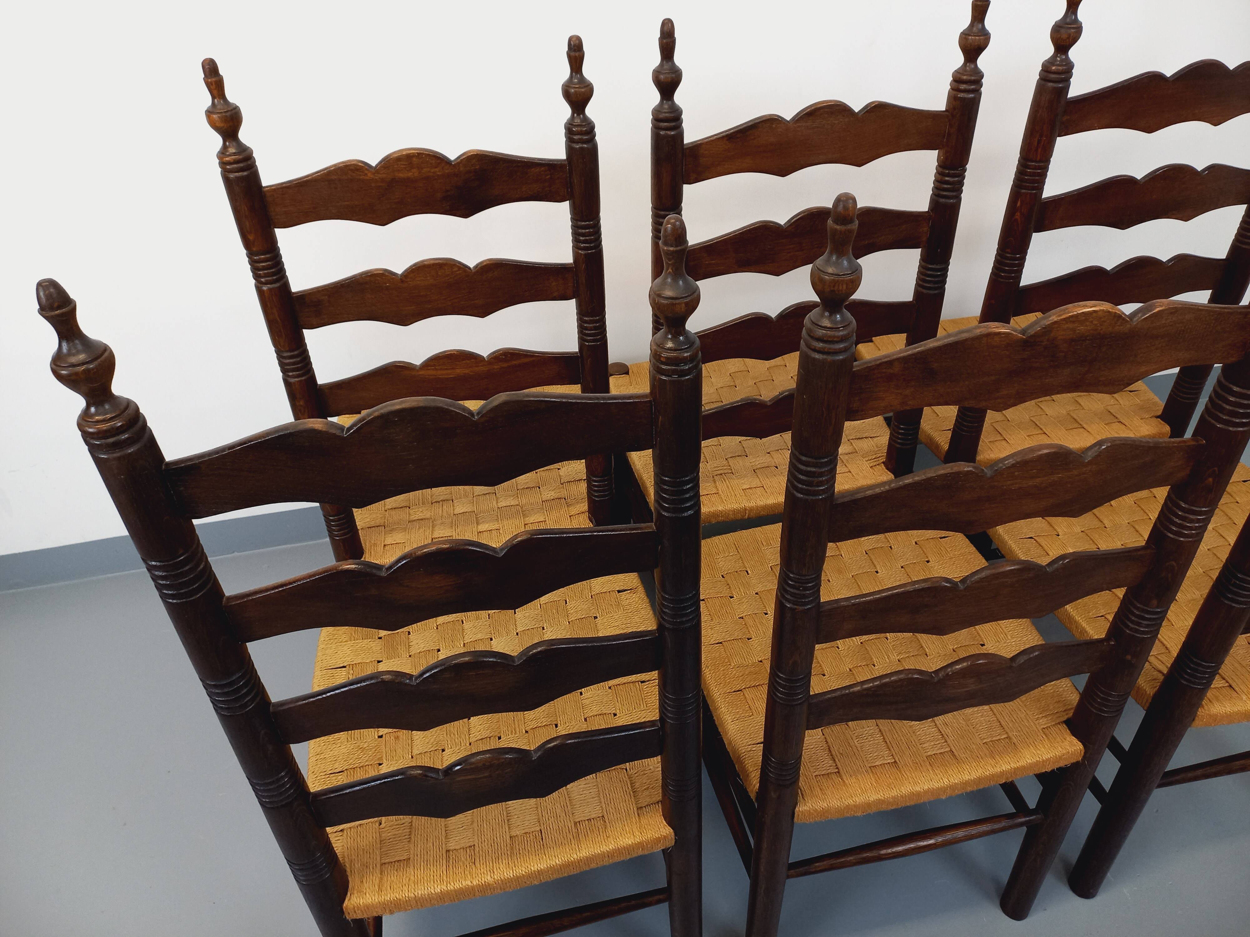 Set of 6 vintage Arts & Crafts chairs in Antonio Calligaris style in rope oak wood from the 50s
