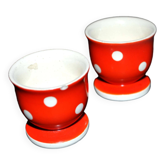 Set of 2 vintage egg cups in red earthenware with white polka dots 5cm