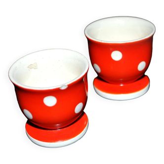 Lot de 2 coquetiers vintage en faïence rouge à pois blanc 5cm