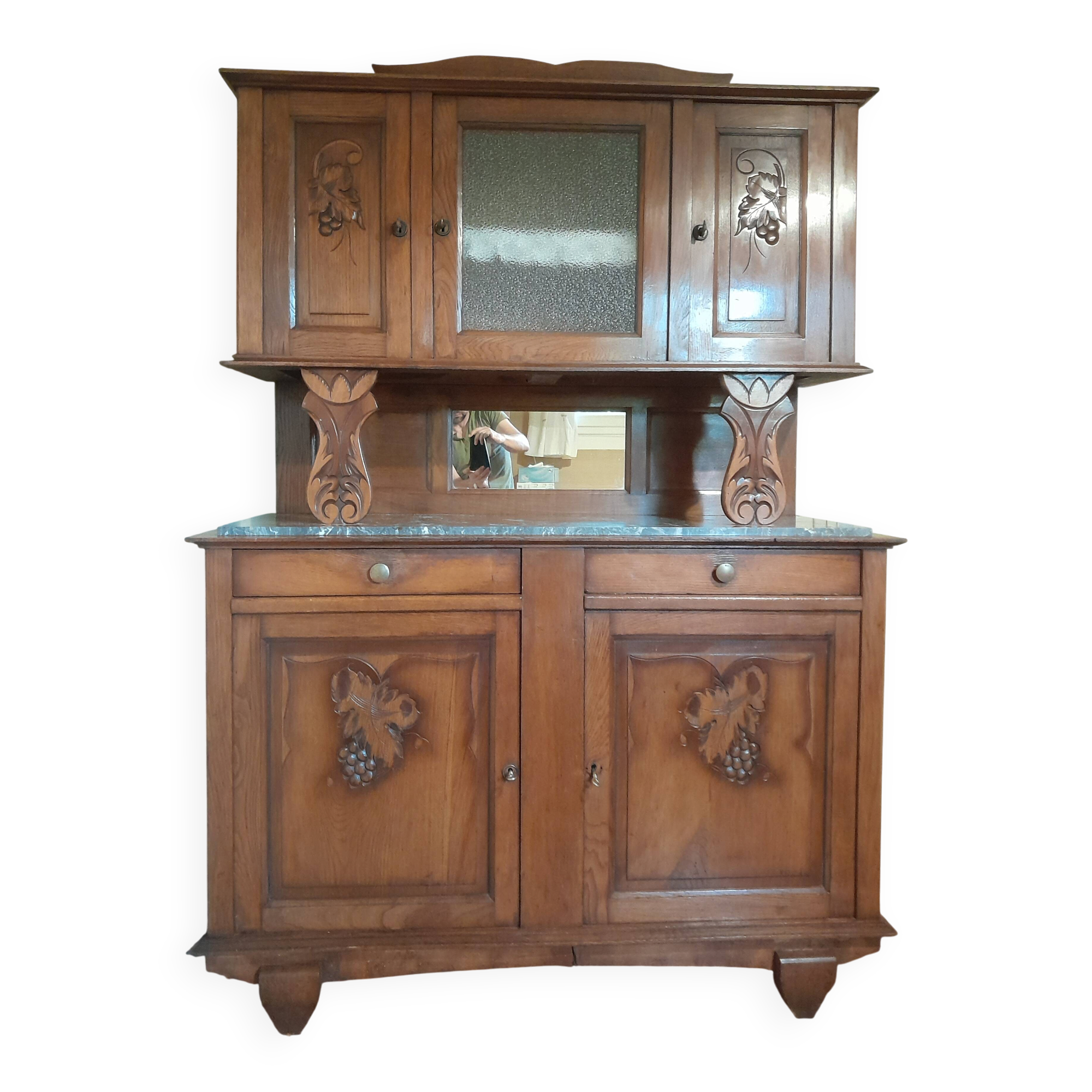 Antique two-body buffet in carved wood - marble top - very good condition