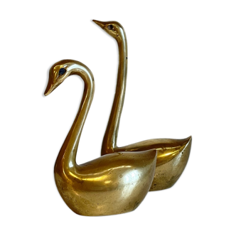 Pair of vintage solid brass swans