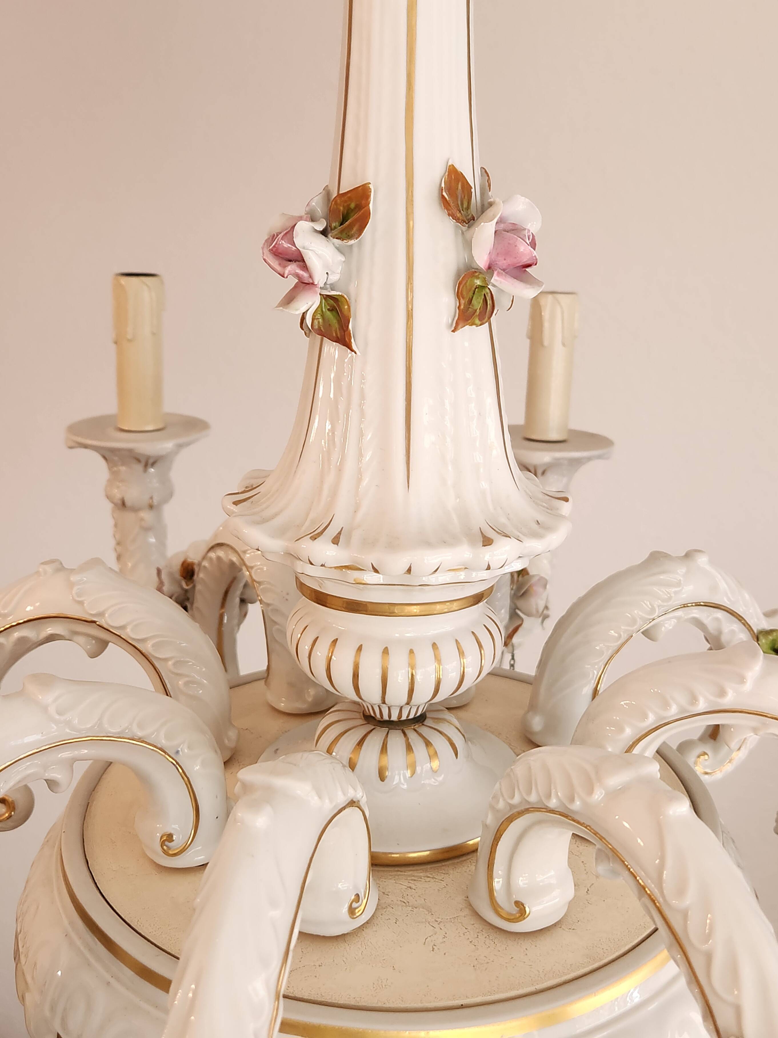Large hand-painted gilded chandelier mangani ceramiche porcelain