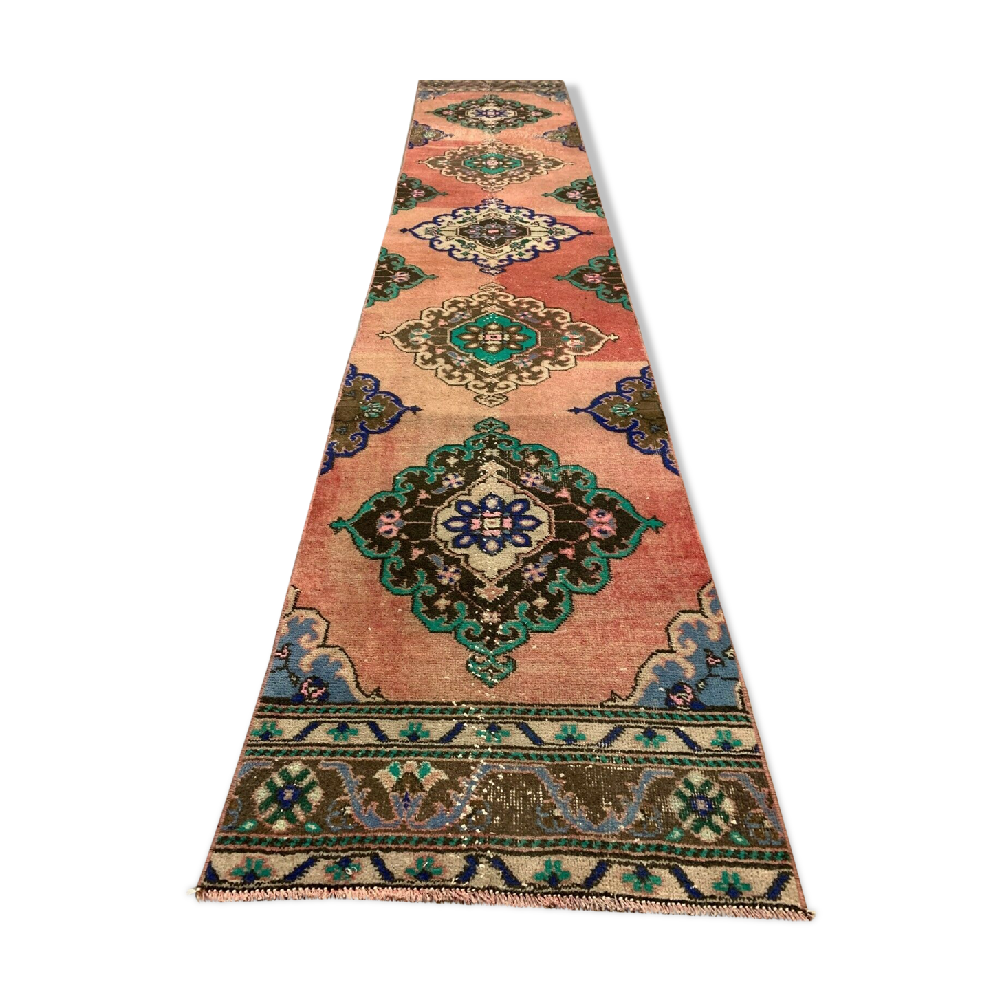 Distressed Turkish Runner 380x72 cm wool Vintage Tribal Rug Pink Green