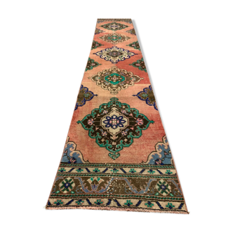 Distressed Turkish Runner 380x72 cm wool Vintage Tribal Rug Pink Green