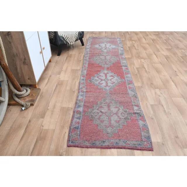 1970s Pink Turkish Handmade Wool Runner Rug, Geometric Motifs 85x328
