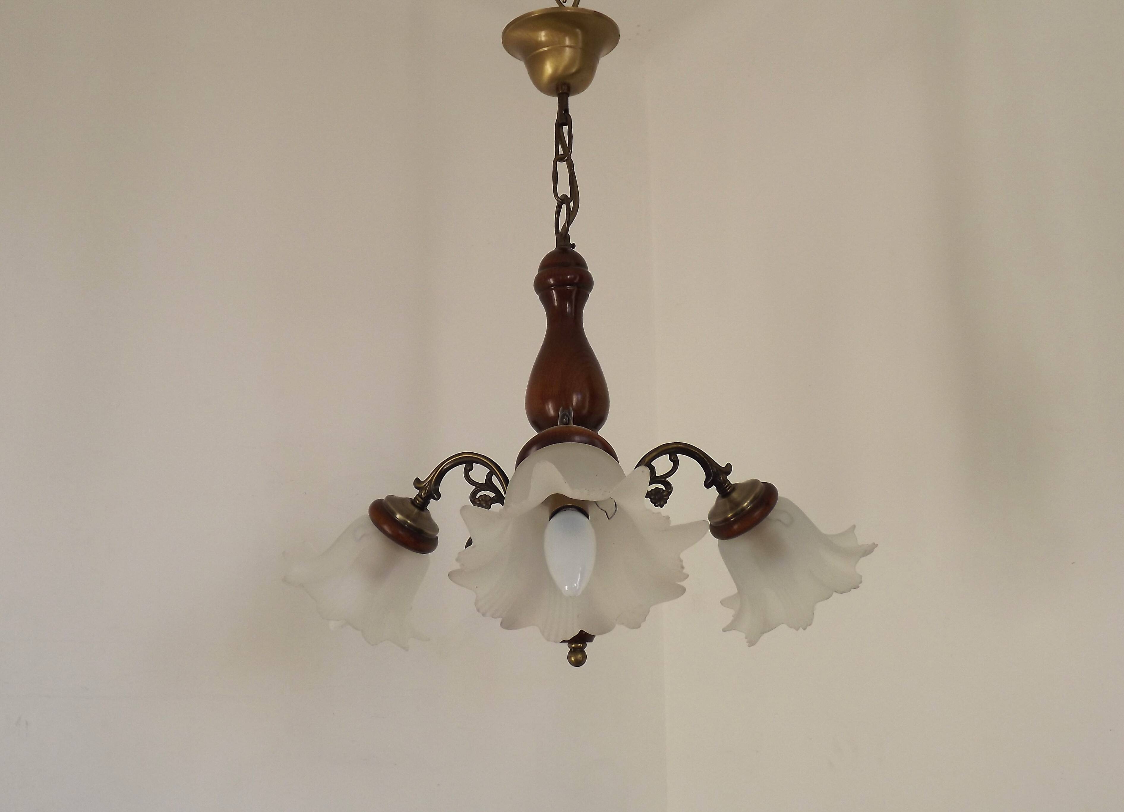 French Mid-Century 3-Light Wood and Bronzed Metal Chandelier with Glass Shades
