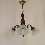 French Mid-Century 3-Light Wood and Bronzed Metal Chandelier with Glass Shades