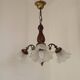 French Mid-Century 3-Light Wood and Bronzed Metal Chandelier with Glass Shades