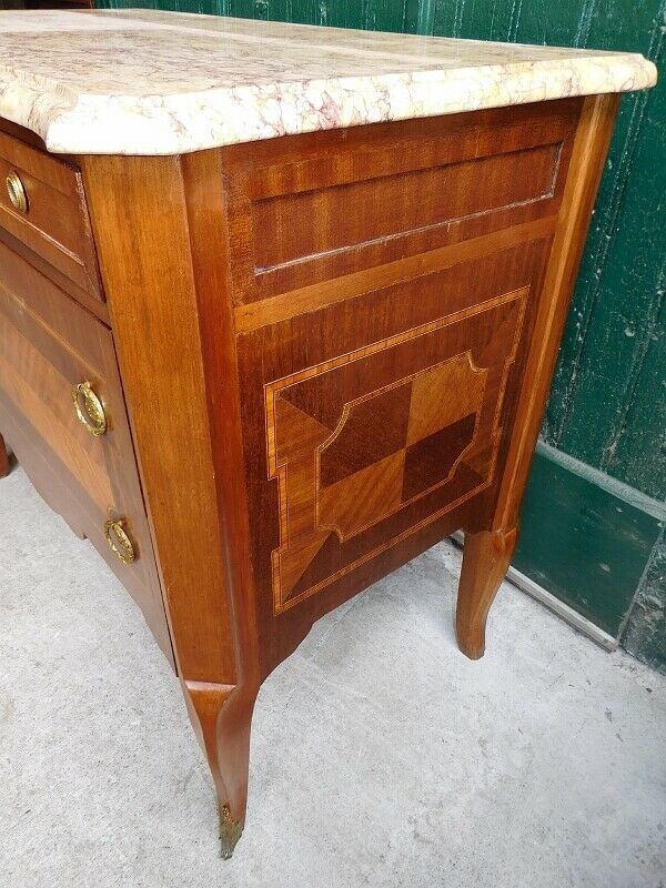 Commode 3 tiroirs plateau marbre style louis xvi en bois de rose