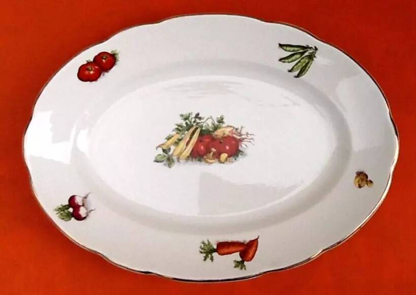 1950s Oval Earthenware Serving Platter with Vegetable Decor