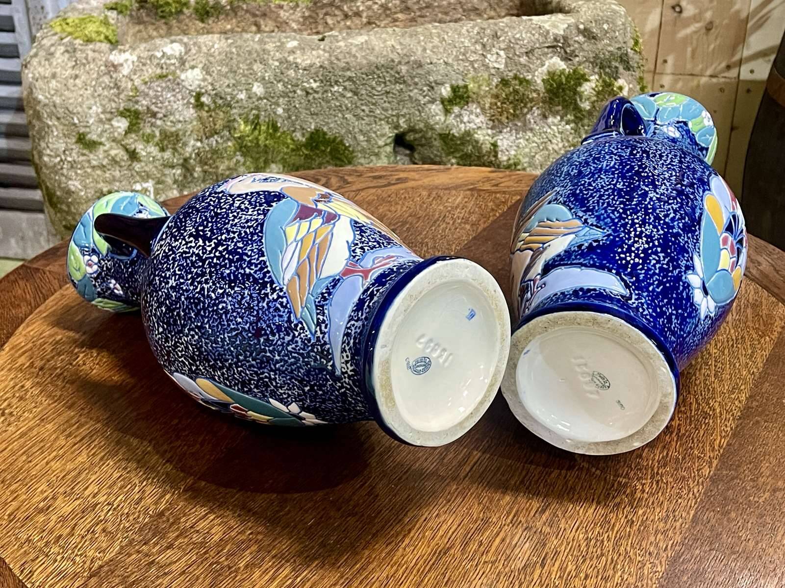 Pair of art deco enameled earthenware vases signed Amphora - Made in Czechoslovakia