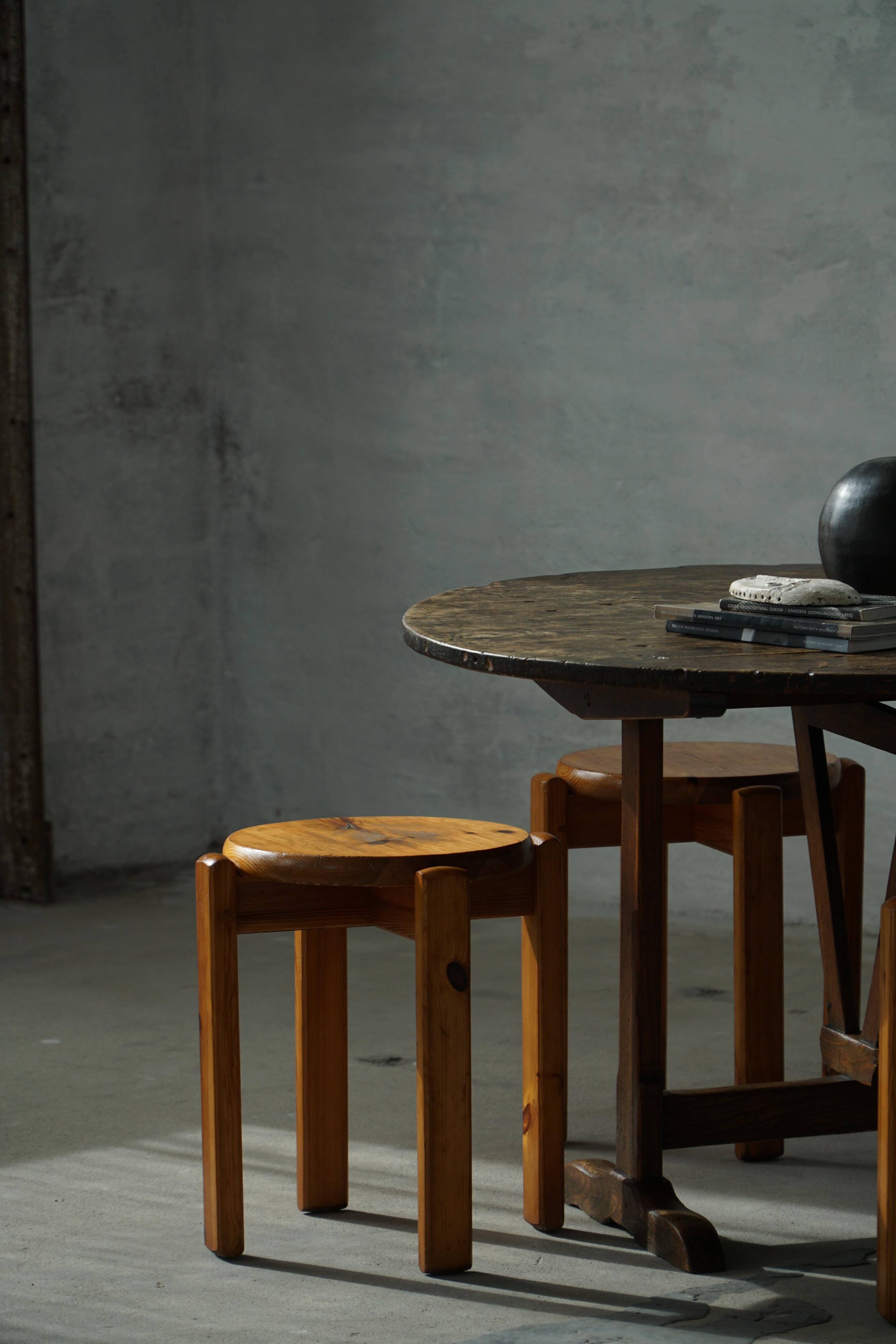 Mid-20th century, set of 4 vintage stackable pine stools, Danish design.