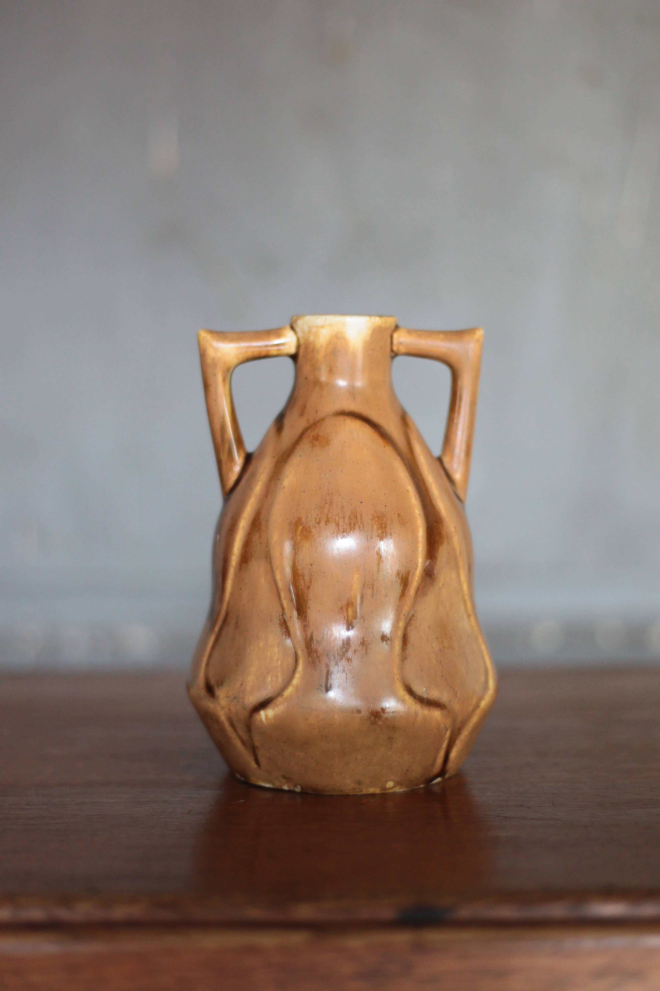 Vintage glazed ceramic vase, small vase with handles, interior decoration