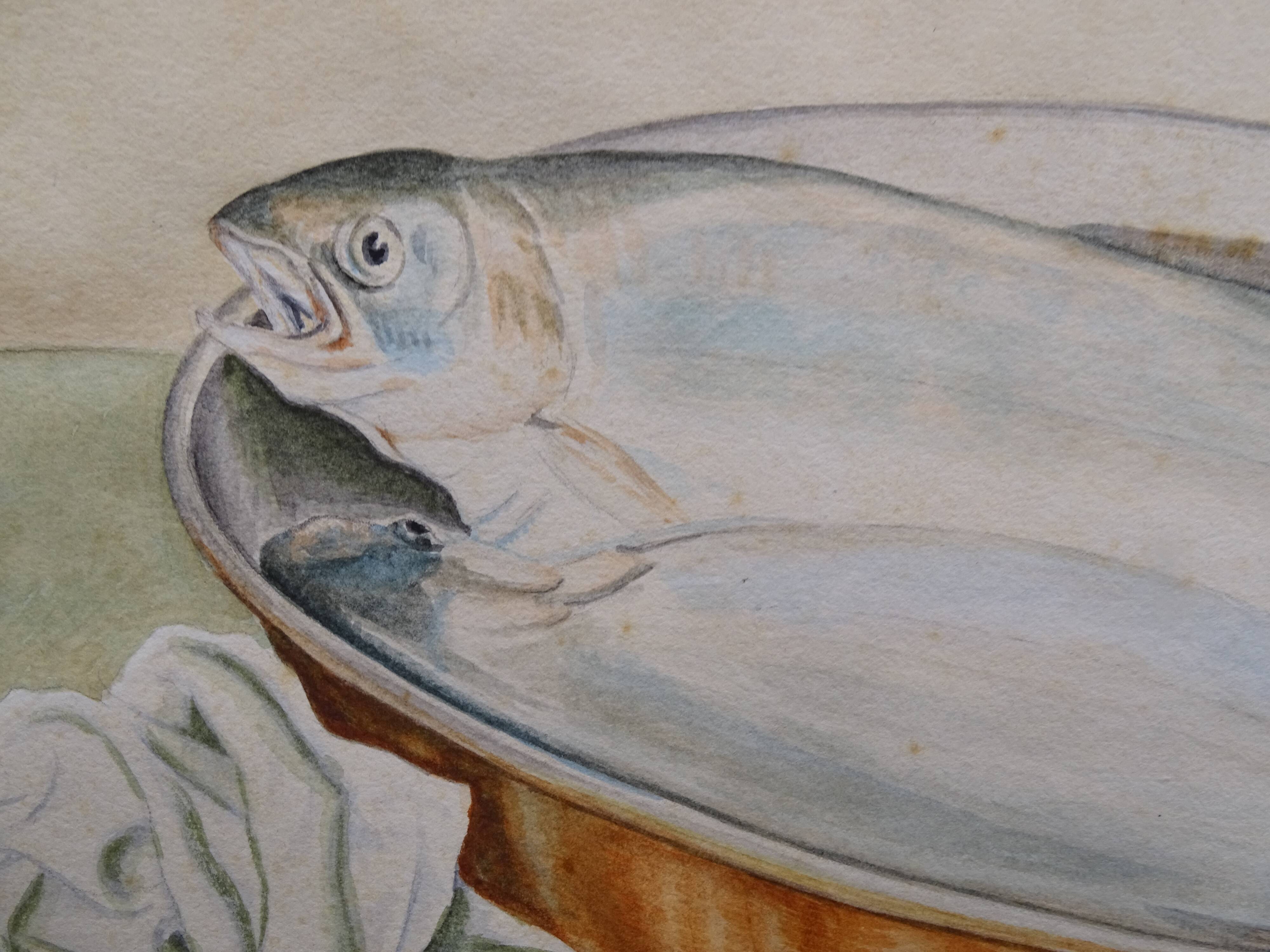 Still life with Pisces, lemon and knife by Louis Chavannes - Watercolor dated 1945