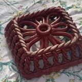 Fruit bowl in red slip, square shape, enamelled ceramic, old