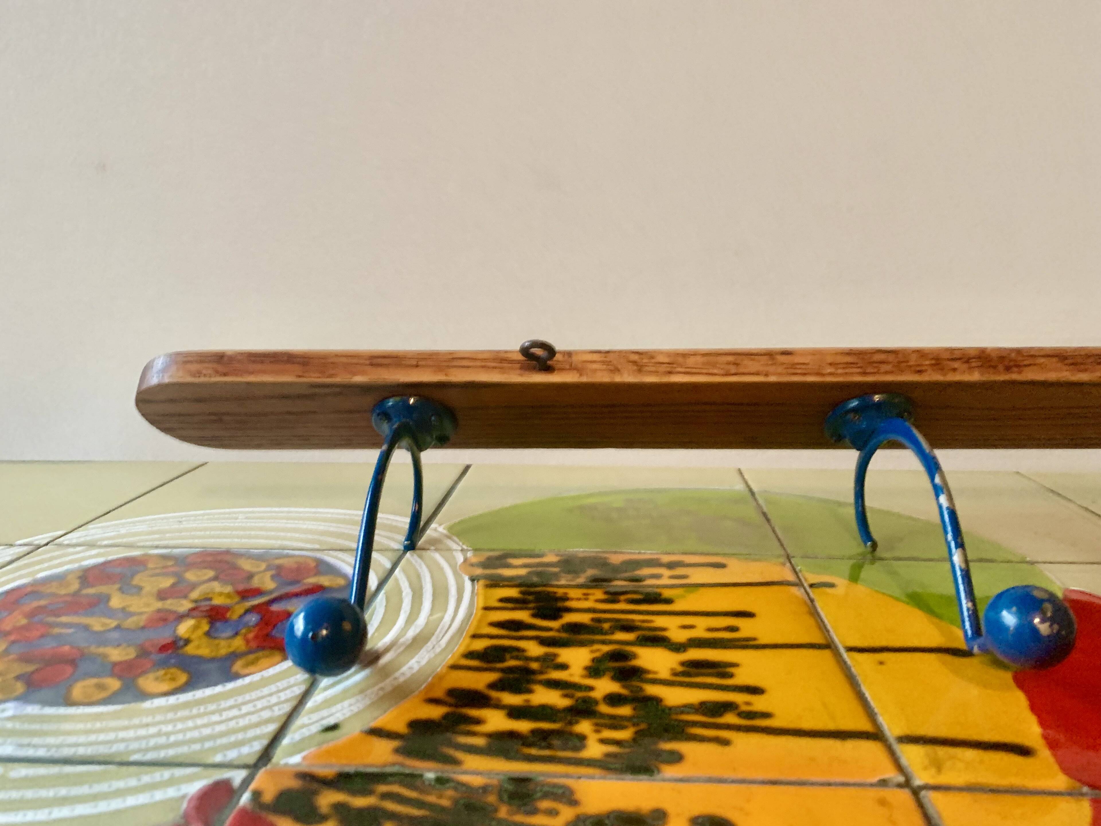 Vintage wooden wall coat rack - triple coat hook with blue metal balls