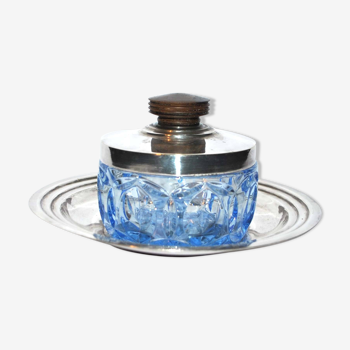 Sucrier Art Déco en métal argenté et verre moulé bleu
