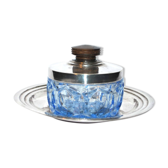 Art Deco sugar bowl in silver metal and blue molded glass
