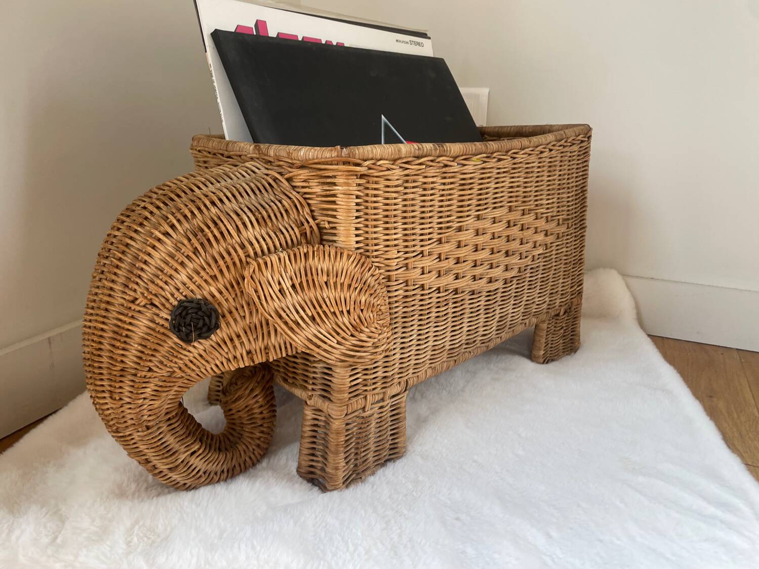 vintage rattan elephant magazine/vinyl holder