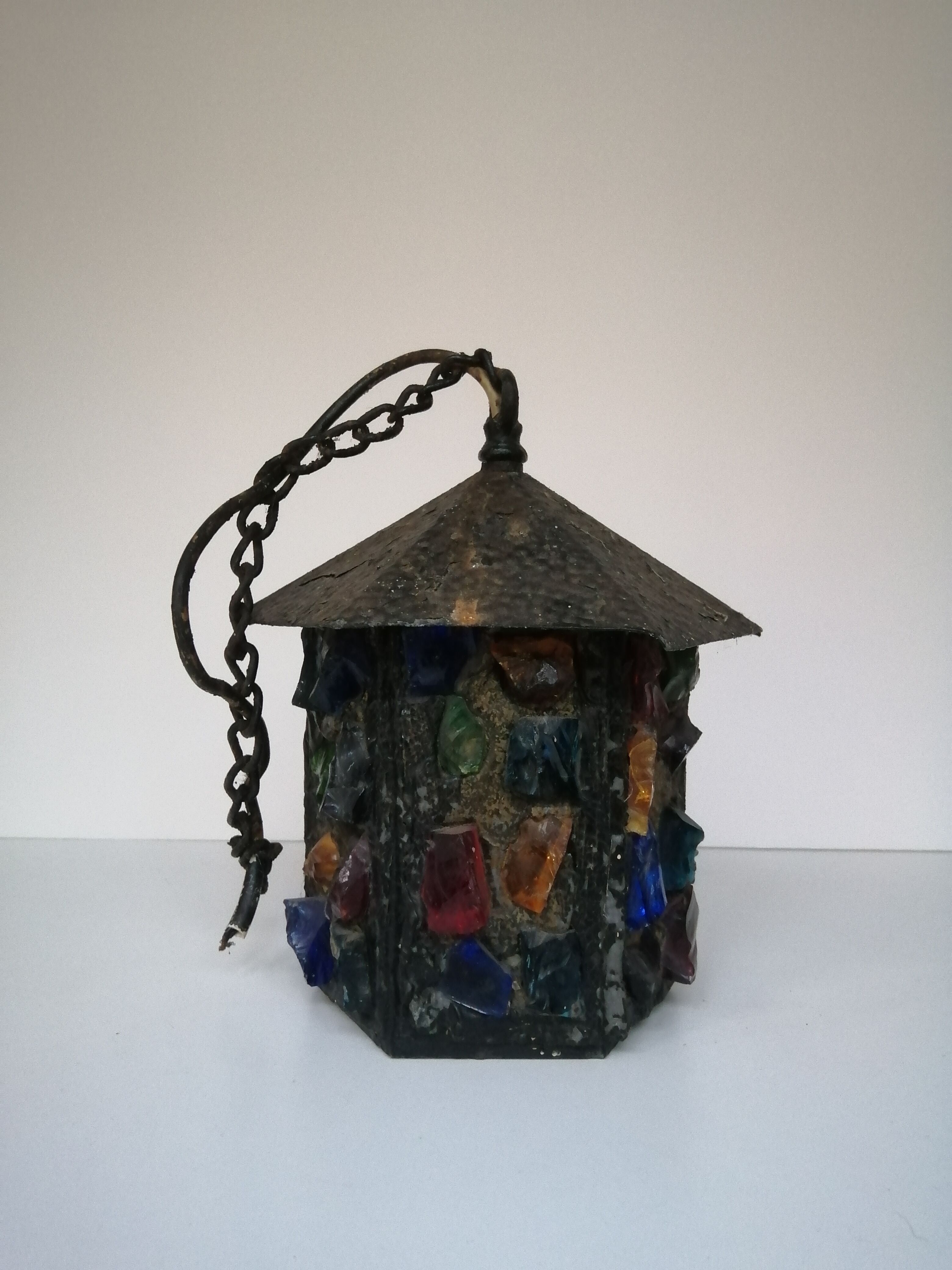 Peter Marsh porch lantern, colored glass, lead and Hammered Sheet metal, 1950s Arts & Crafts