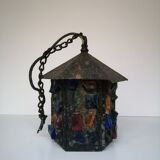 Peter Marsh porch lantern, colored glass, lead and Hammered Sheet metal, 1950s Arts & Crafts