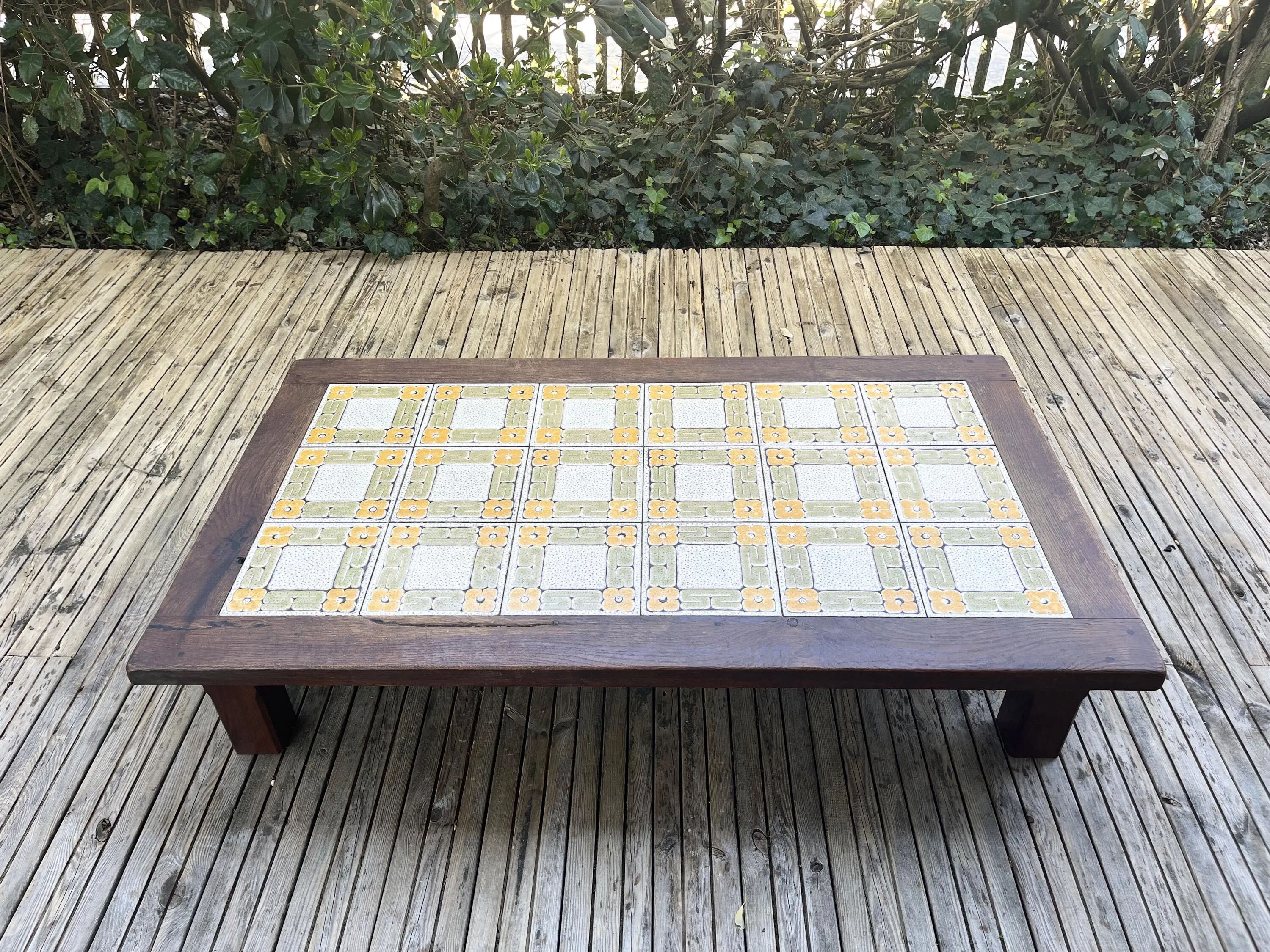 Large vintage 1960s oak and ceramic coffee table.