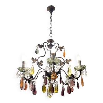 Lustre en cristal multicolore et bronze, années 50