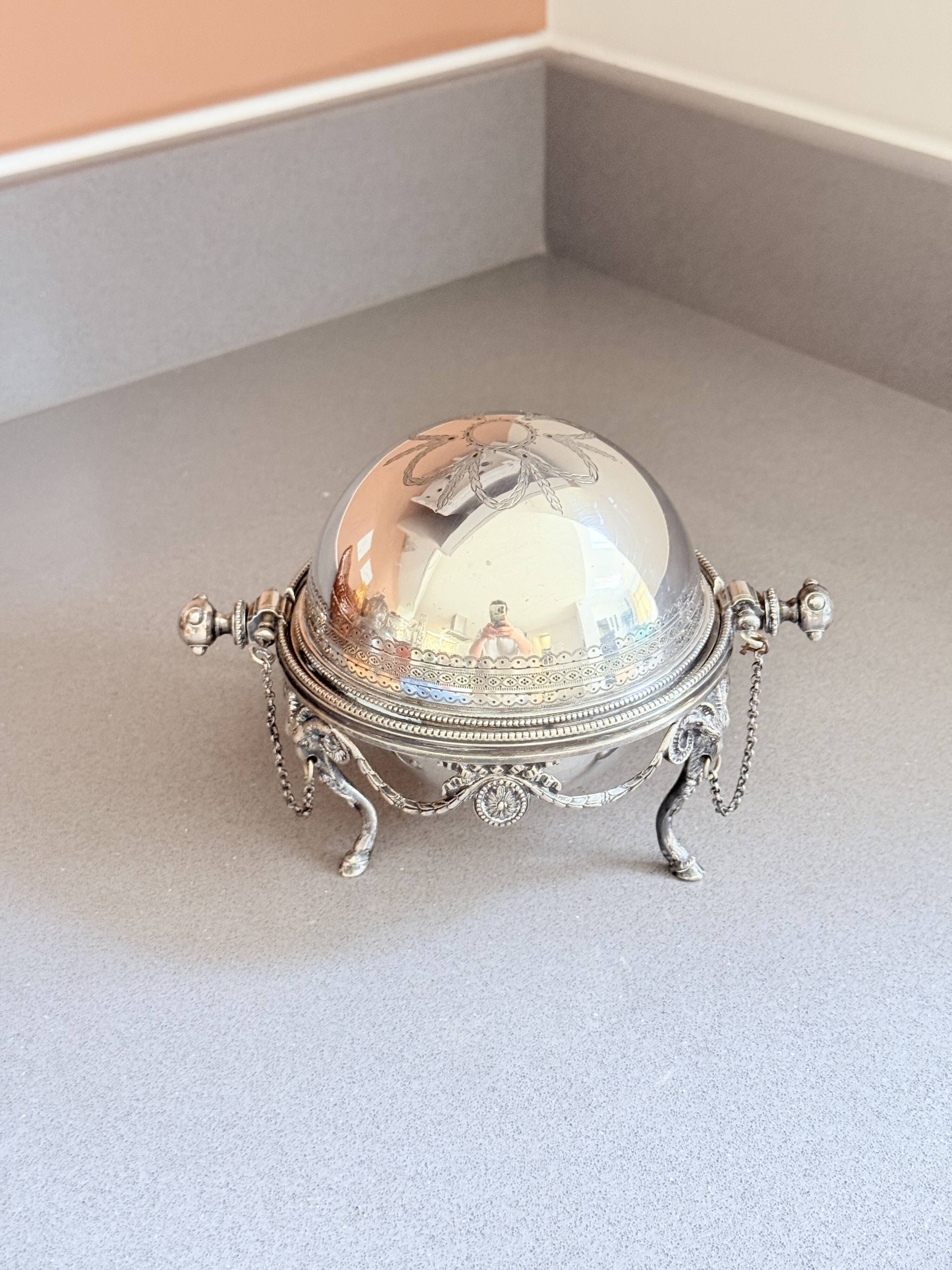 Antique English Silver-Plated Roll-Top Caviar Dish with Ram’s-Head Decoration