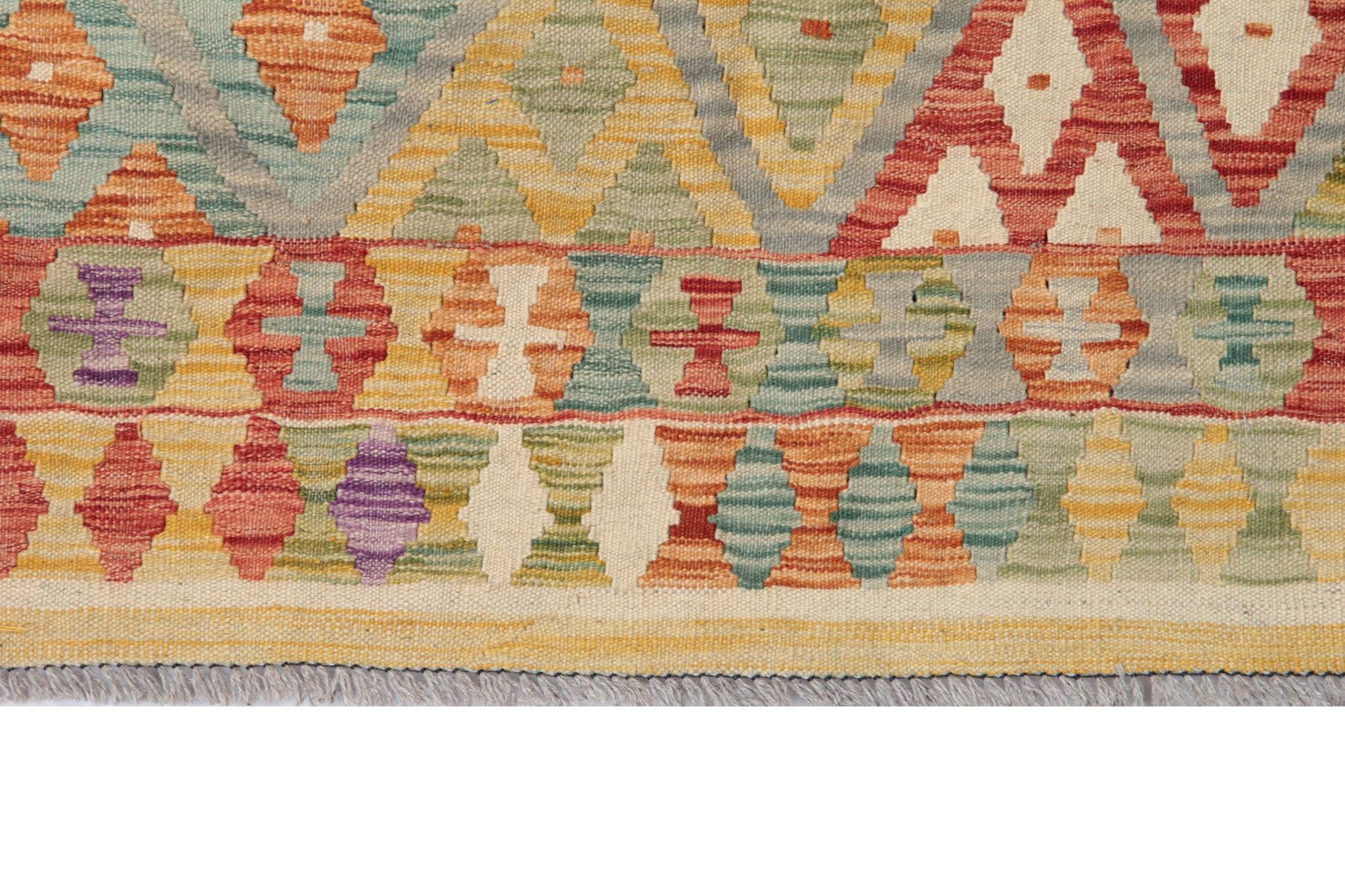 Tapis Kilim afghan multicolore : tissage plat contemporain en laine à rayures 296 x 202 cm