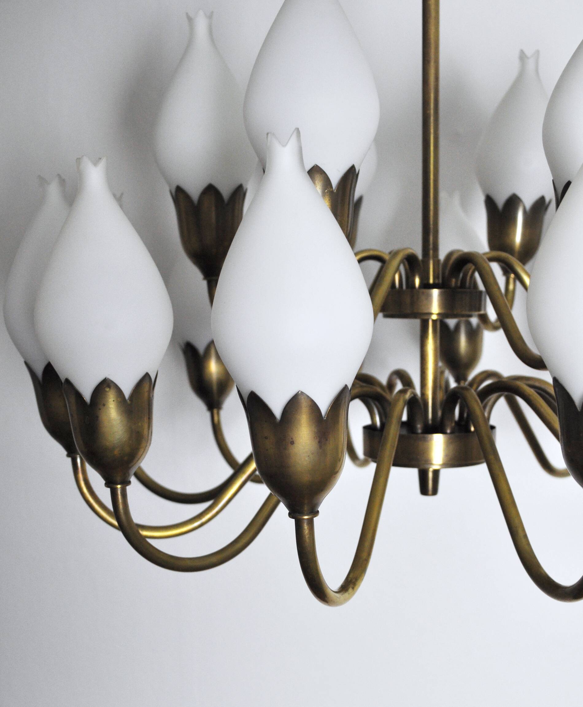 Fog & Mørup 18-Arm Brass and Opaline Glass Tulip Chandelier