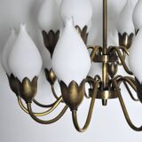 Fog & Mørup 18-Arm Brass and Opaline Glass Tulip Chandelier