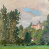 Oil on cardboard depicting a castle by E. Stefanski 20th century