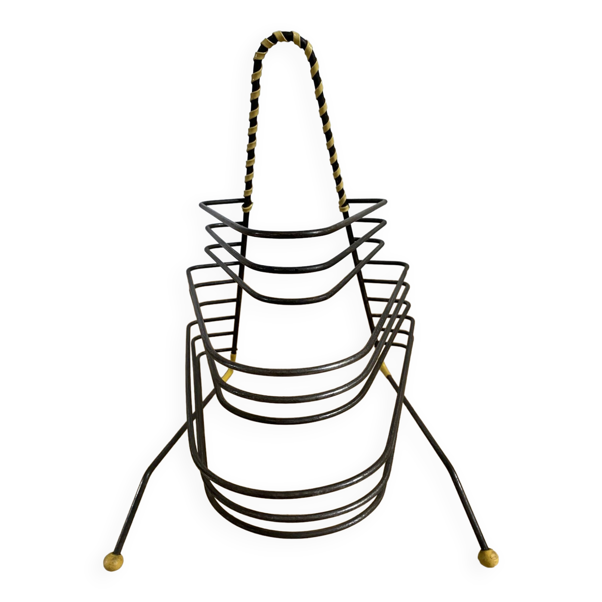Black metal vinyl record holder and yellow scoubidou from the 60s